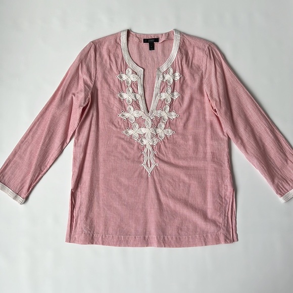 J Crew Embroidered red and white pin stripe tunic top. Size 6 - Picture 7 of 12